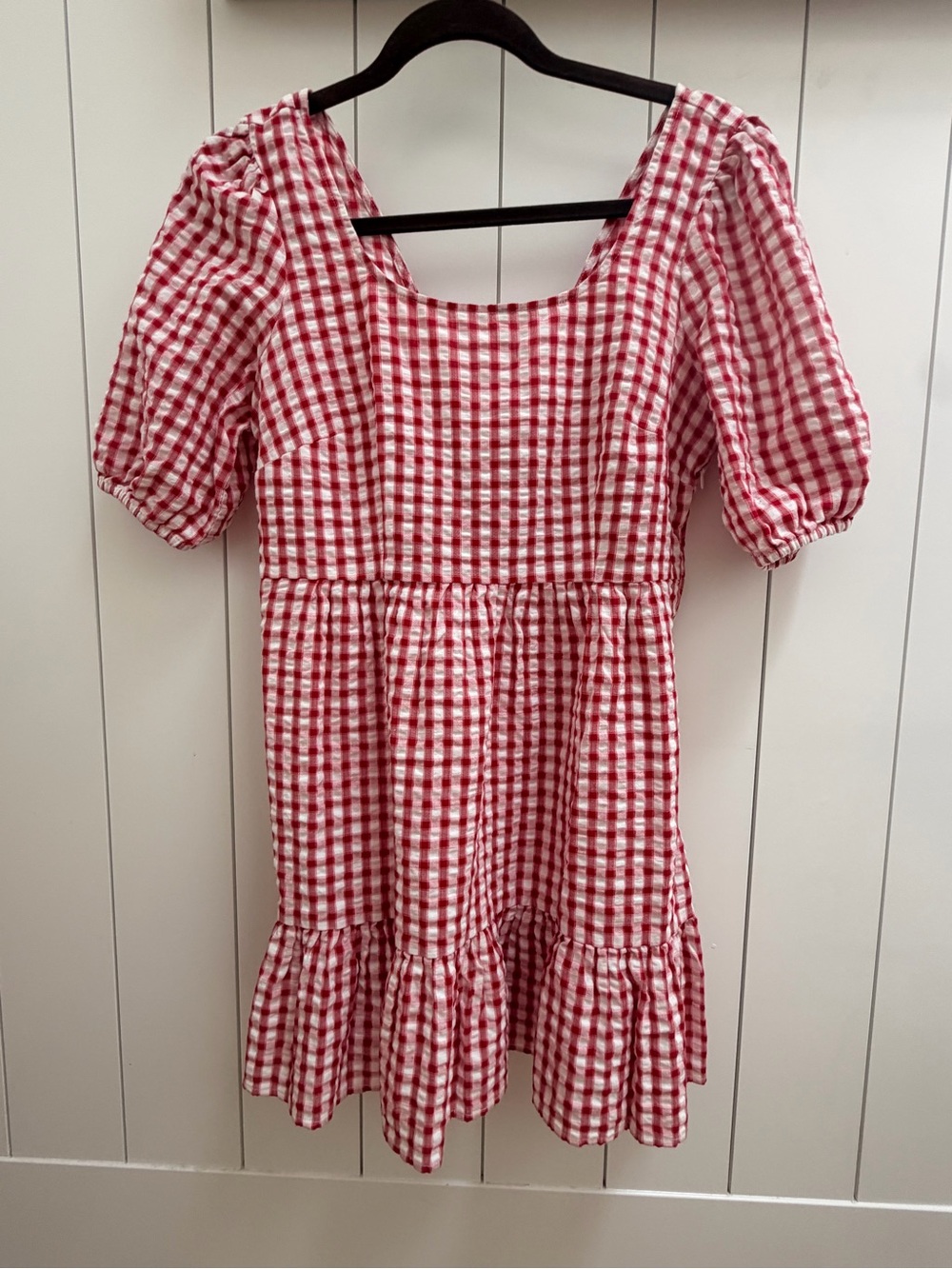 LOFT Red Gingham Puff-Sleeve Dress